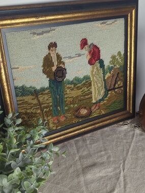 1960s Vintage Handmade Needlepoint Prayerful Farm Couple After Artist Millet